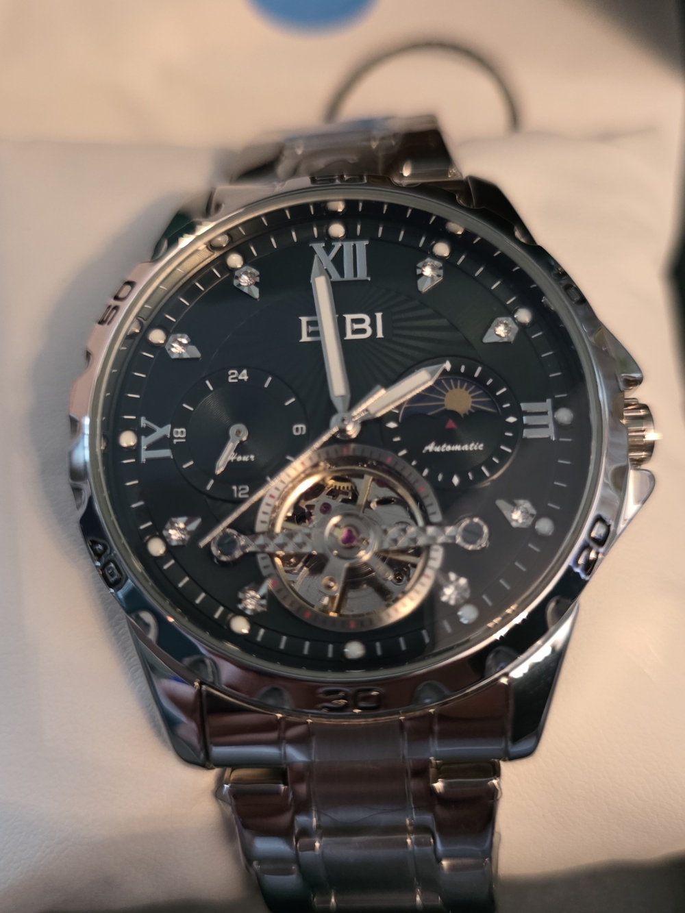 BiBi Silver Automatic Watch with Black Dial and Skeleton Window